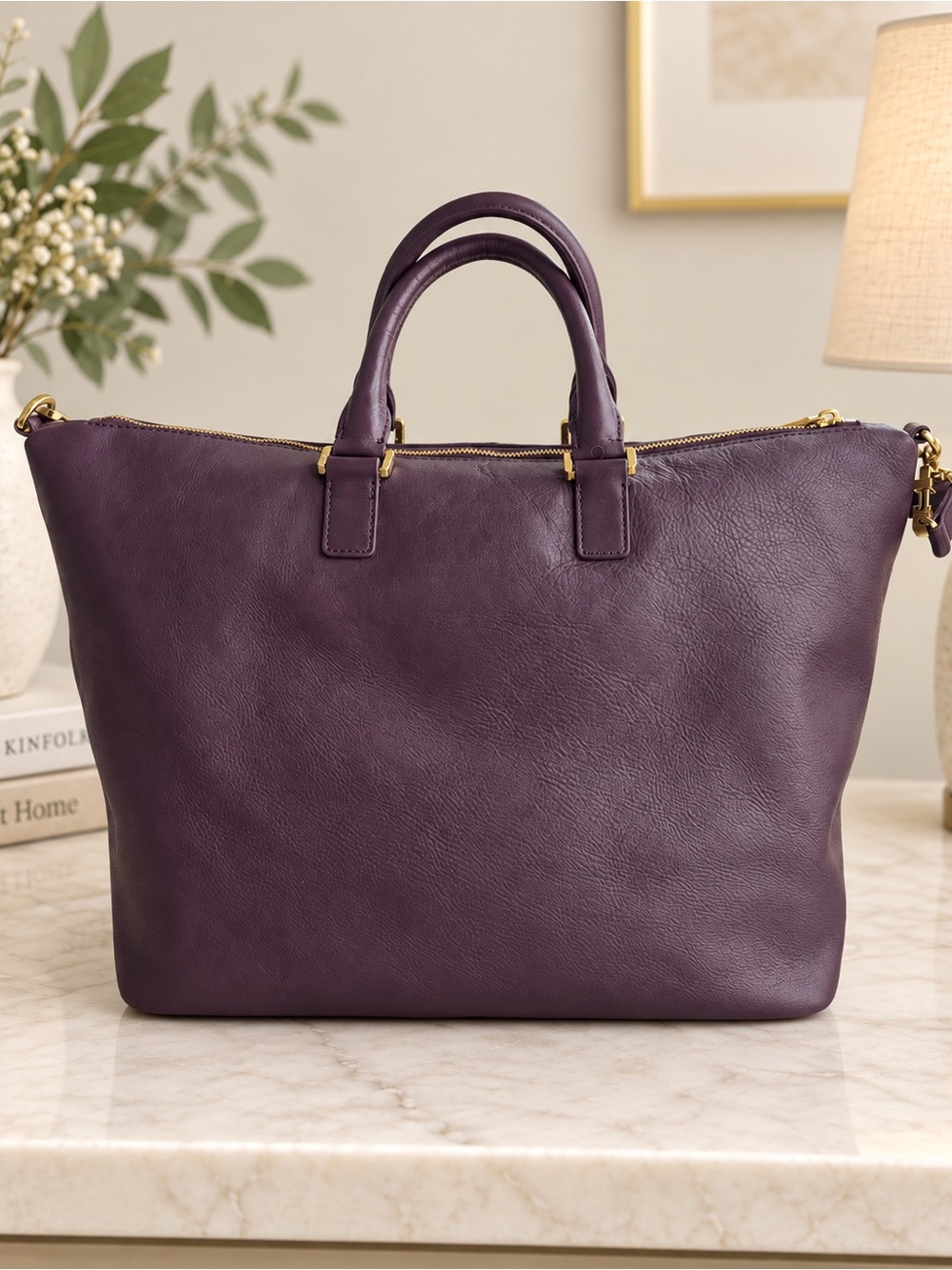 Tory Burch Plum Leather & Suede Tote with Gold Hardware - Picture 2 of 10